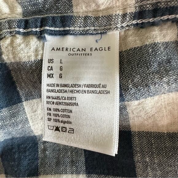 American Eagle Buffalo Plaid Button Down Shirt Cotton Blue Cream Men's L Preppy - Picture 7 of 12
